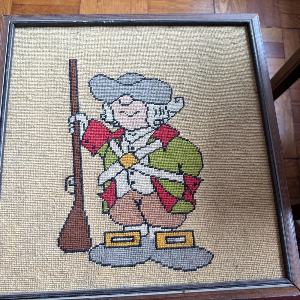 Vintage Bucilla Handmade Needlepoint Revolutionary War Soldier Framed Art 15x15"